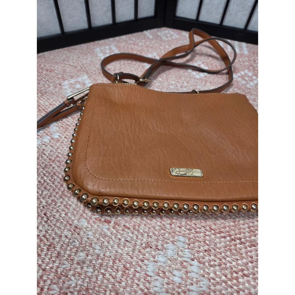 Jessica Simpson Cognac Brown Studded Triple Zip Crossbody Bag Gold Hardware